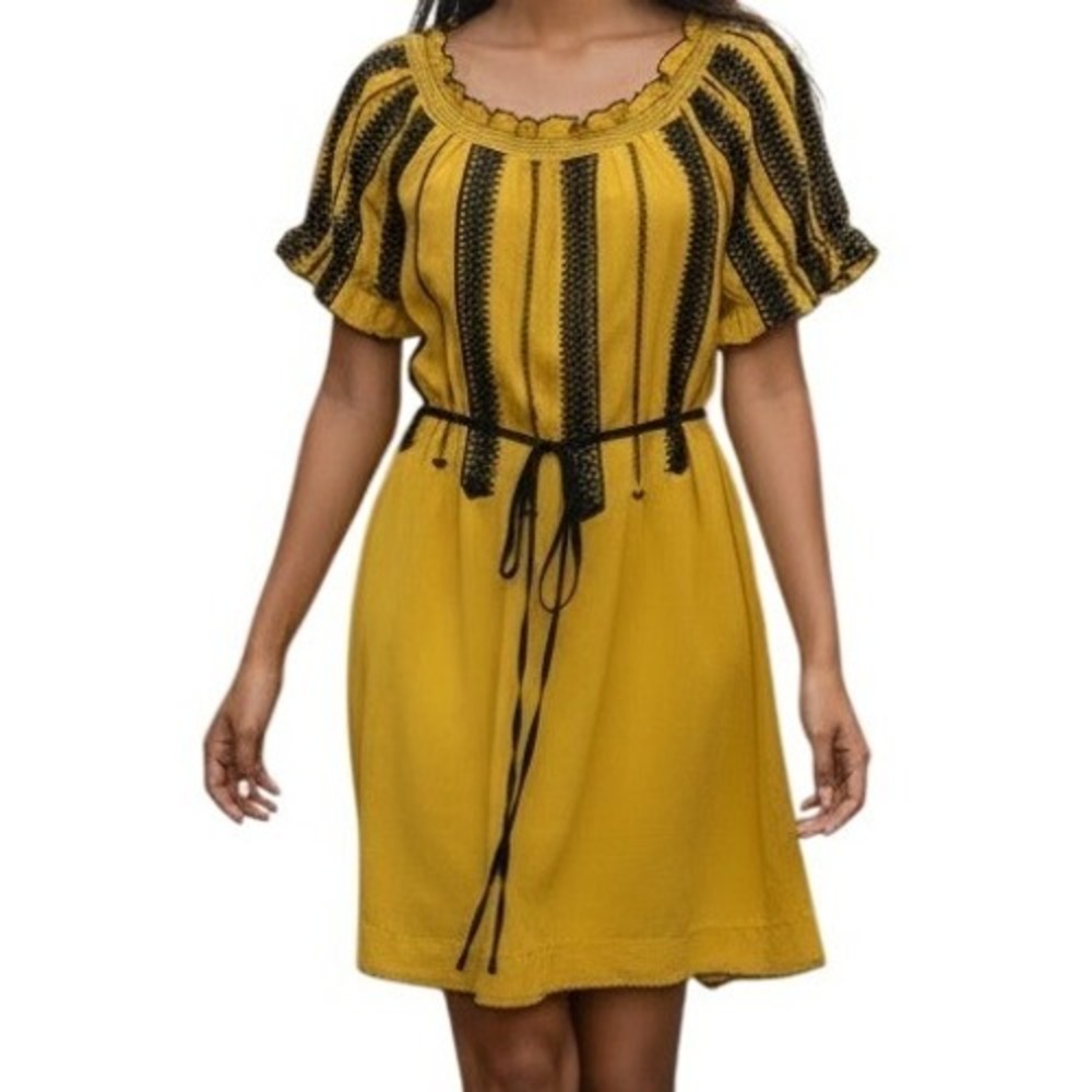ANTHROPOLOGIE FLOREAT Inky Quills Mustard Yellow Embroidered Silk Mini Dress 0